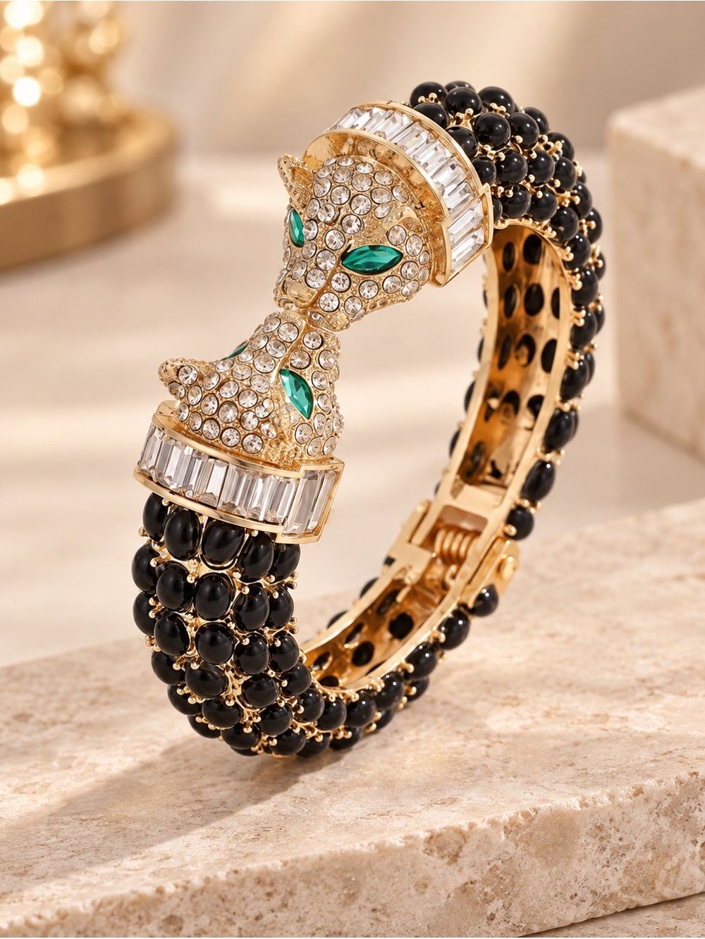 Emerald & Black Crystal Panther Head Bracelet